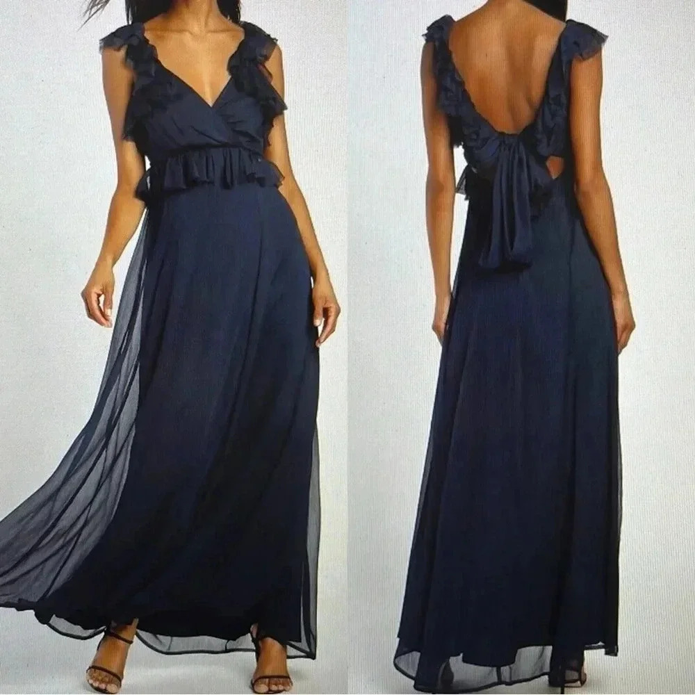 NWT Lulus Navy Blue Ruffled Tie-Back Maxi Dress - Picture 3 of 8